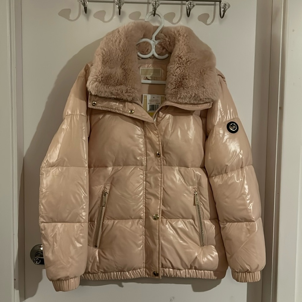 MICHAEL Michael Kors Blush Pink Puffer Jacket with Faux Fur Collar